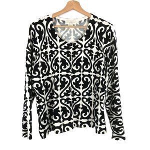Appleseed's Petites Black White Button Front Damask Cardigan Sweater PL